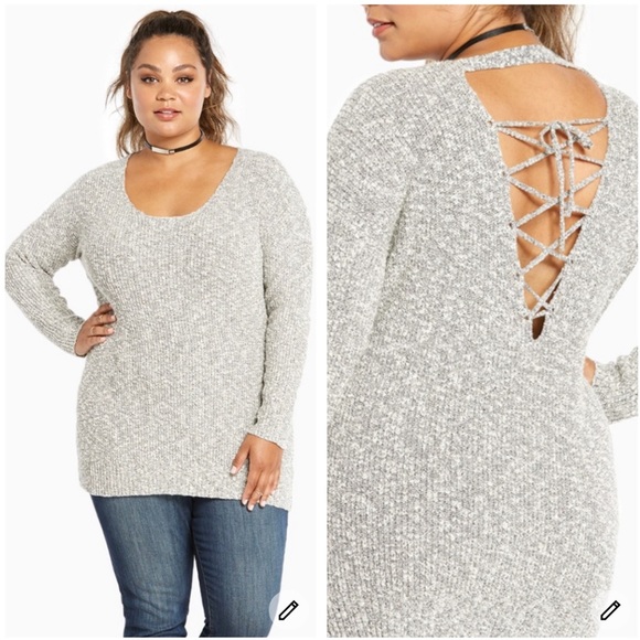 torrid Sweaters - TORRID Heather Grey Marled Knit Lace Up Back Sweater Long Sleeve